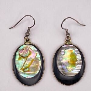 Vintage ALPACA MEXICO Silver Abalone MOP Black Onyx Oval Dangle Drop Earrings
